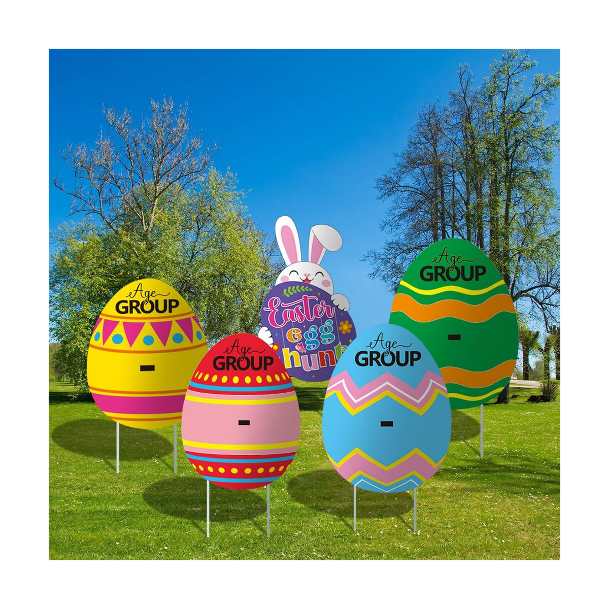 Jetec 5 Pcs Easter Egg Hunt Signs with Age Group Stickers Egg Hunt Age Group Yard Set 16" Tall×12" Wide Easter Outdoor Lawn Decorations for Spring Home School Pathway Garden Decor Game Party Supplies