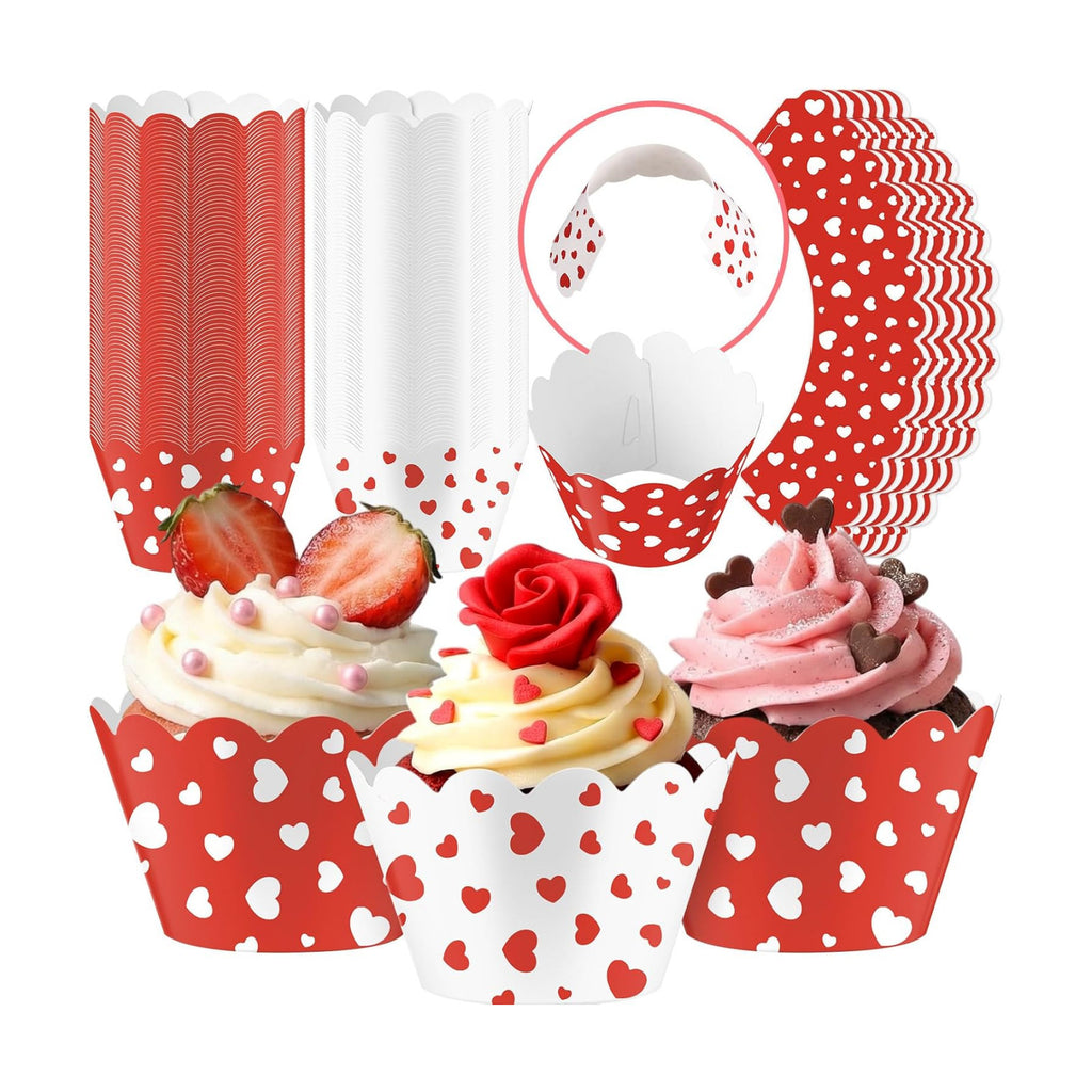 Domensi 100 Pcs Red Heart Cupcake Wrappers Rustic Cupcake Liners Red and White Baking Cups Baking Liners for Mother's Day Wedding Bridal Baby Shower Birthday Tea Party Supplies Dessert Decorations