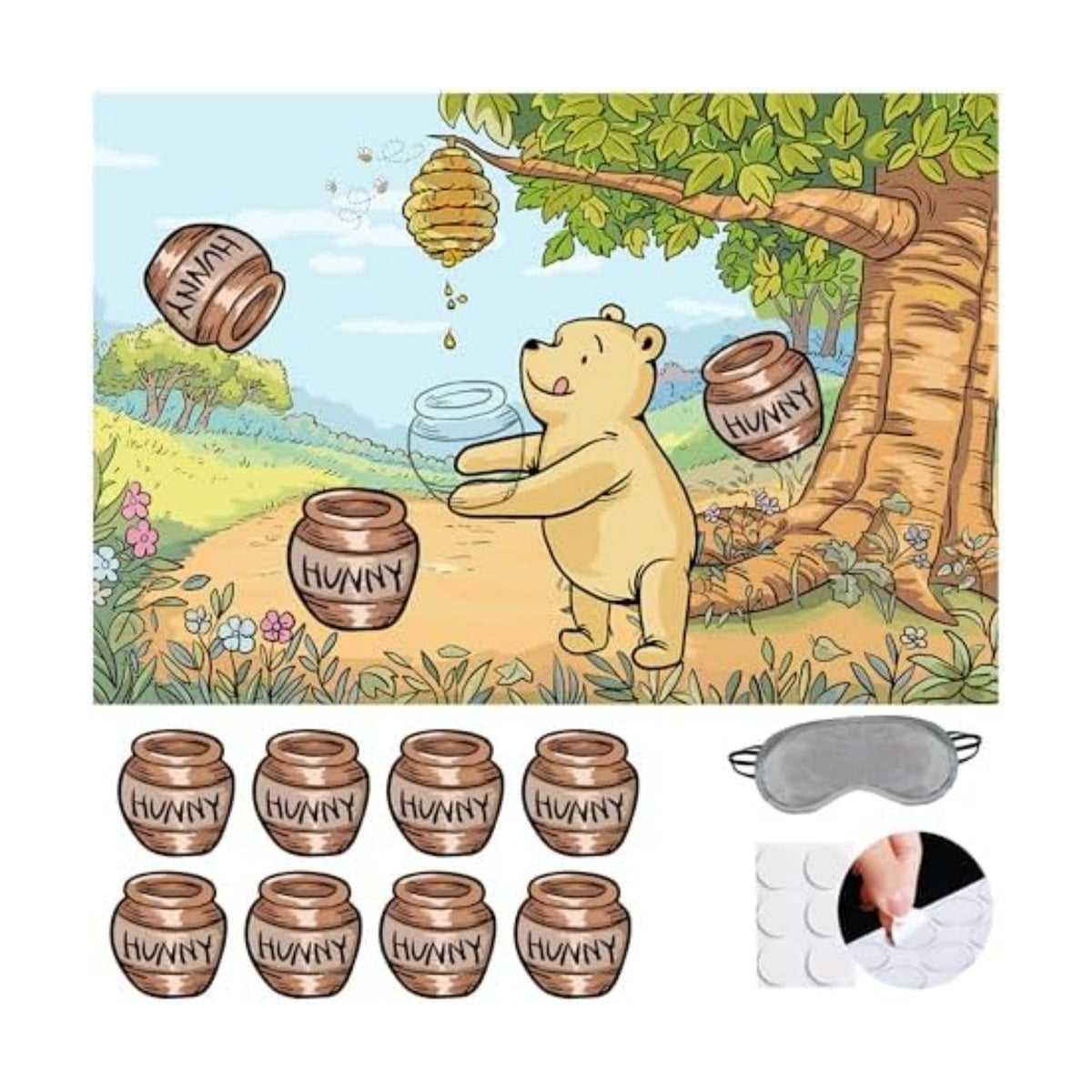 Winnie Catch Hunny for Pooh Fun Party Game for Pooh Baby Shower Birthday Decorations, Pin The Hunny Pot on Bear Poster with 20 Honey Pot Stickers and Blind Fold.