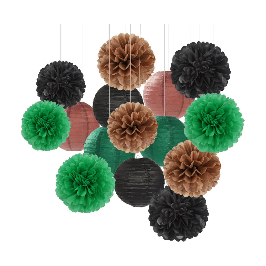 Football Party-Decorations Paper-Flowers - 15pcs Green Brown Black Tissue Pom Poms Lanterns Streamers,Birthday Baby Shower Bachelorette Hanging Supplies Decor Hugfond