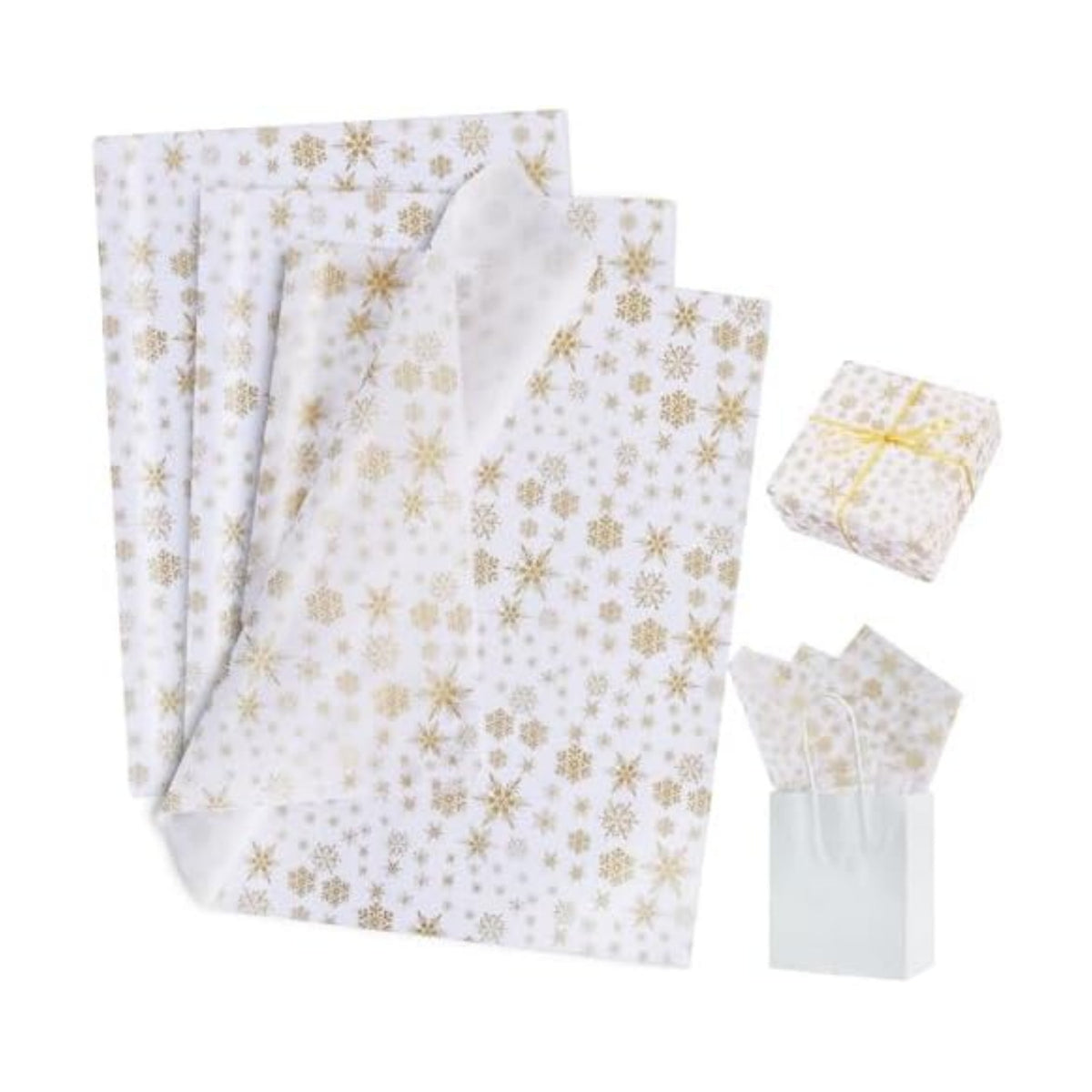 BEISHIDA Christmas Snowflake Tissue Paper Bulk，Gold and White Wrapping Tissue Paper for Gift Bags, 14 x 20 Inch Gift Wrap for Winter Christmas Party DIY Crafts Decor Holiday Flowers-50 Sheets