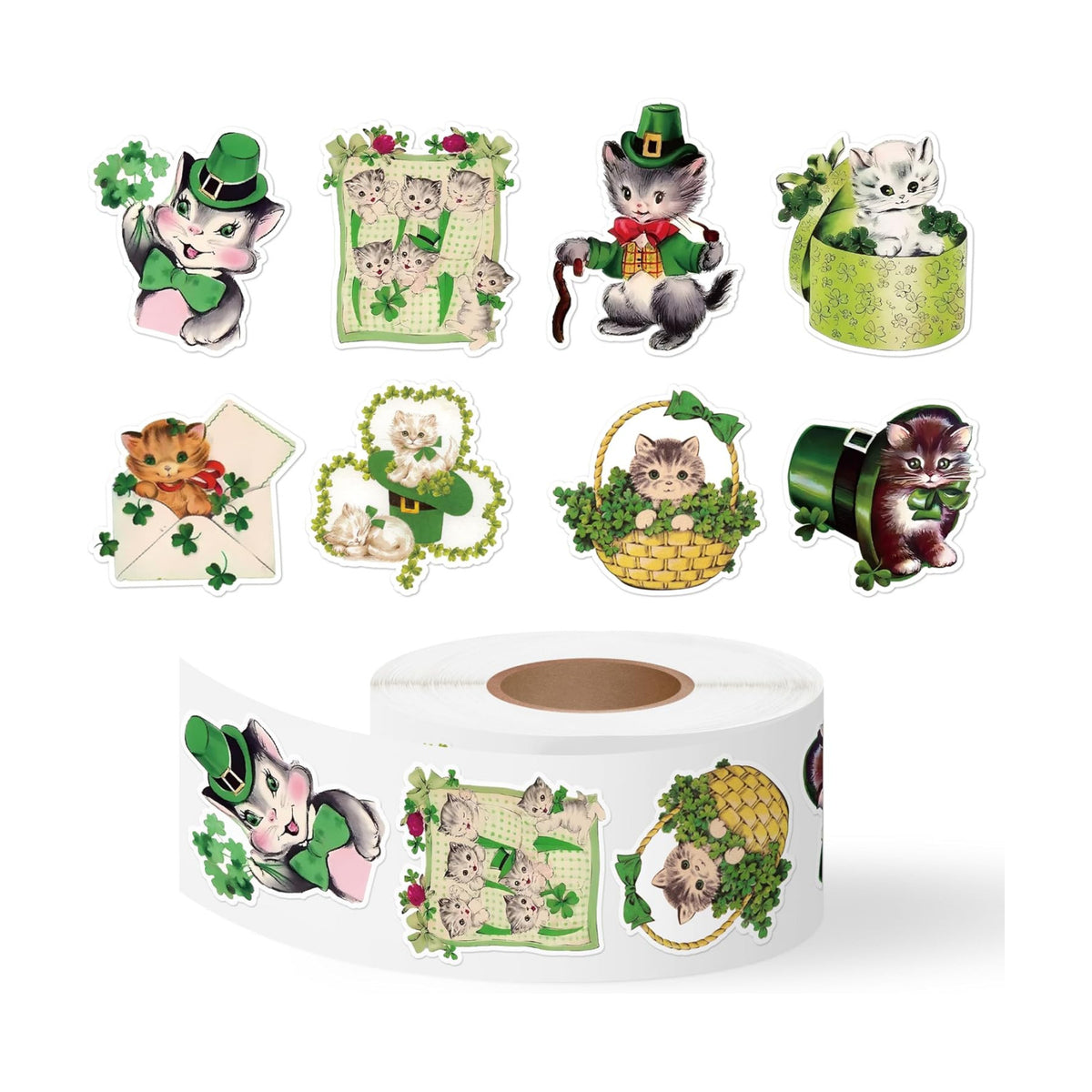 Eartim St Patrick's Day Vintage Cat Sticker Rolls Lucky Charms Stickers