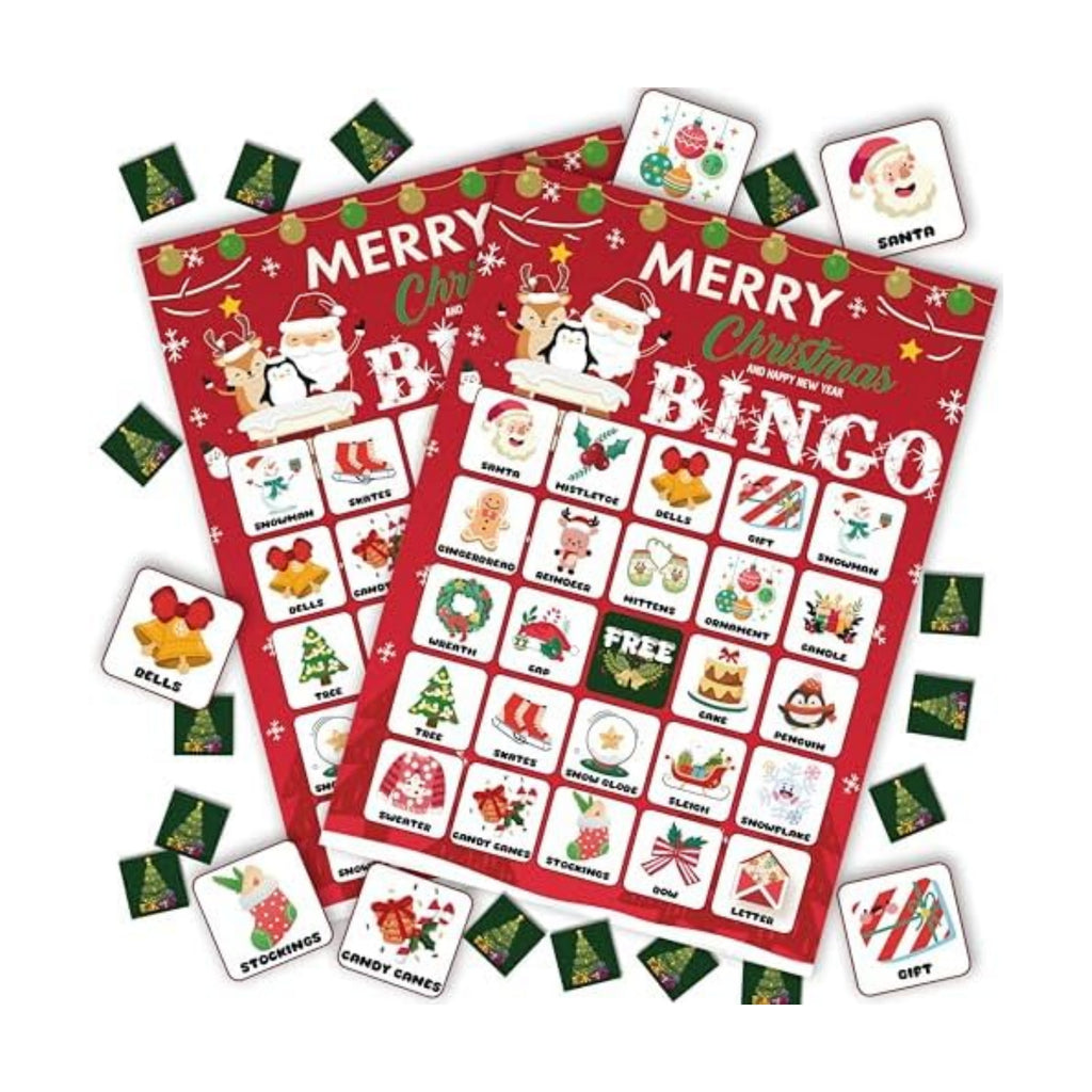24-Person Christmas Bingo Cards, Watercolor Reindeer Xmas Party Card Game, Red Santa Claus Bingo Game for Family Large Group Activities, Winter Holiday Party Supplies