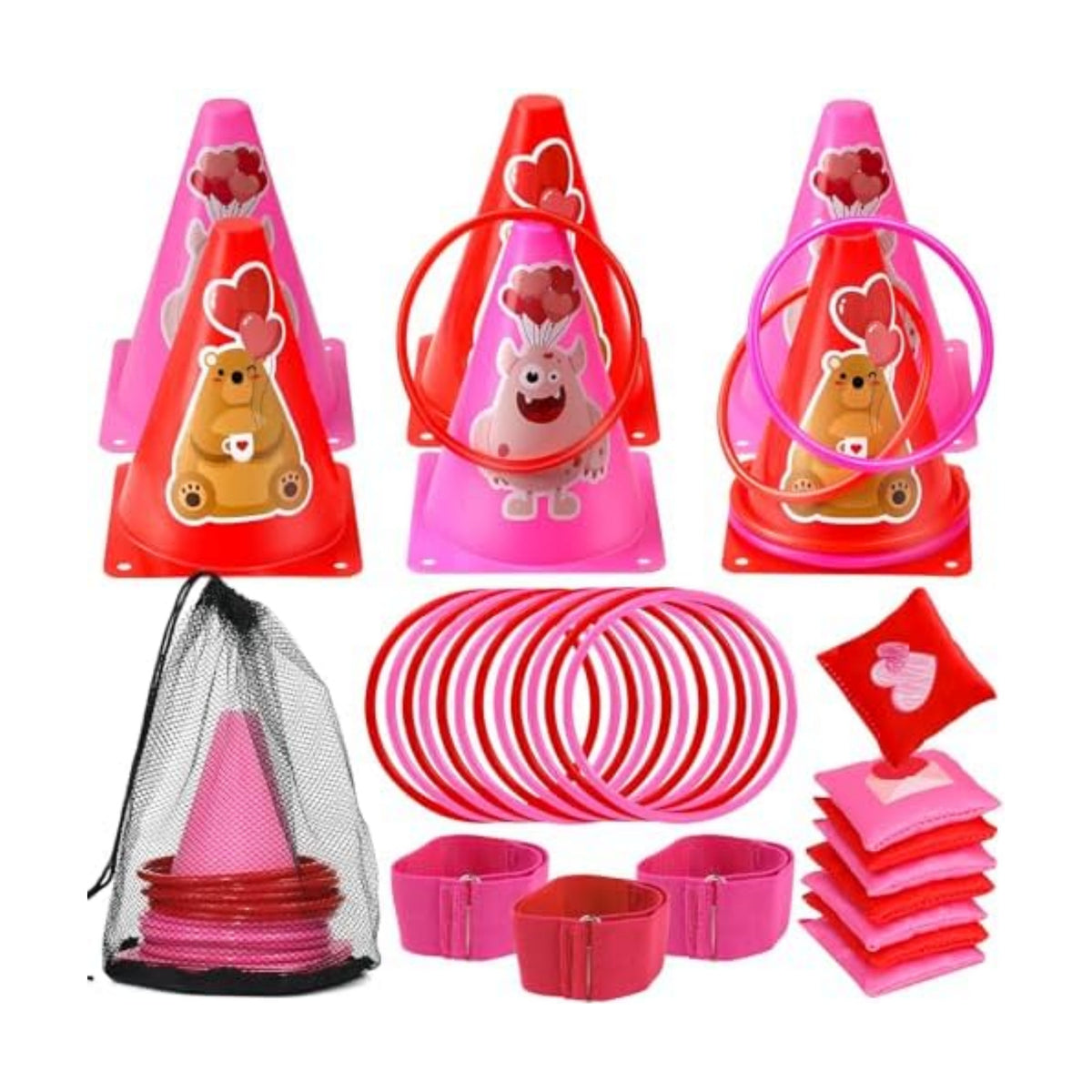 39Pcs 4 in 1 Valentines Day Party Games for Kids with Ring Toss, Plastic Cones, Bean Bags, 3-Legged Race Bands, Stickers, Carnival Valentine's Games Activity Combo Set for Classroom Indoor Outdoor