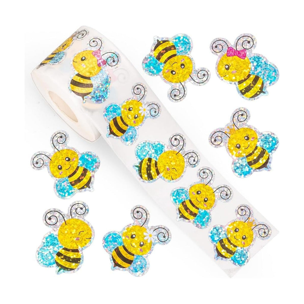 500Pcs Holographic Bee Stickers for Kids 1.2in Laser Waterproof Sticker Roll 6 Designs Cute Bumblebee Self-Adhesive Sticker Rolls for Bottle Scrapbook Journal Envelope Decorations
