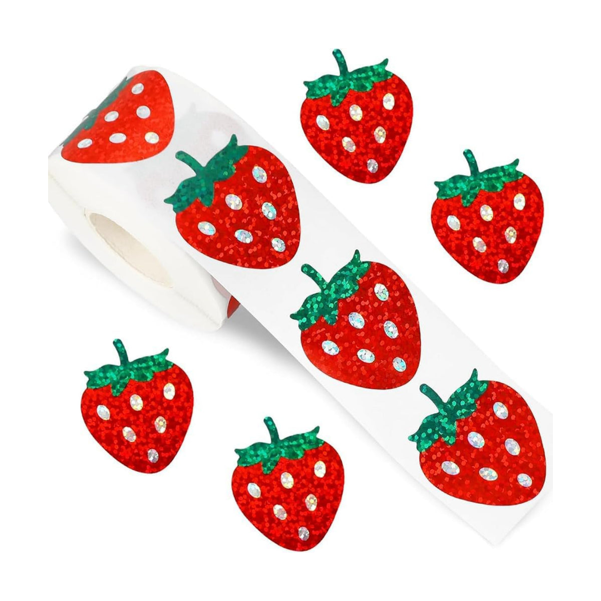 500Pcs Holographic Strawberry Stickers for Kids 1in Laser Waterproof Sticker Roll Red Strawberry Self-Adhesive Sticker Rolls for Bottle Scrapbook Journal Envelope Decorations