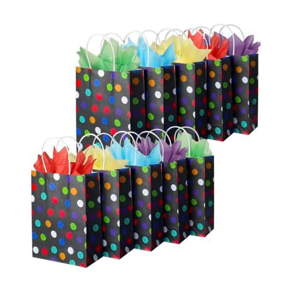 BLEWINDZ 32Pcs Small Gift Bags with Tissue - Polka Dot Black Party Gift Bags with Handles, Colorful Rainbow Paper Goodie Bag for Party Favors, Kids Birthday