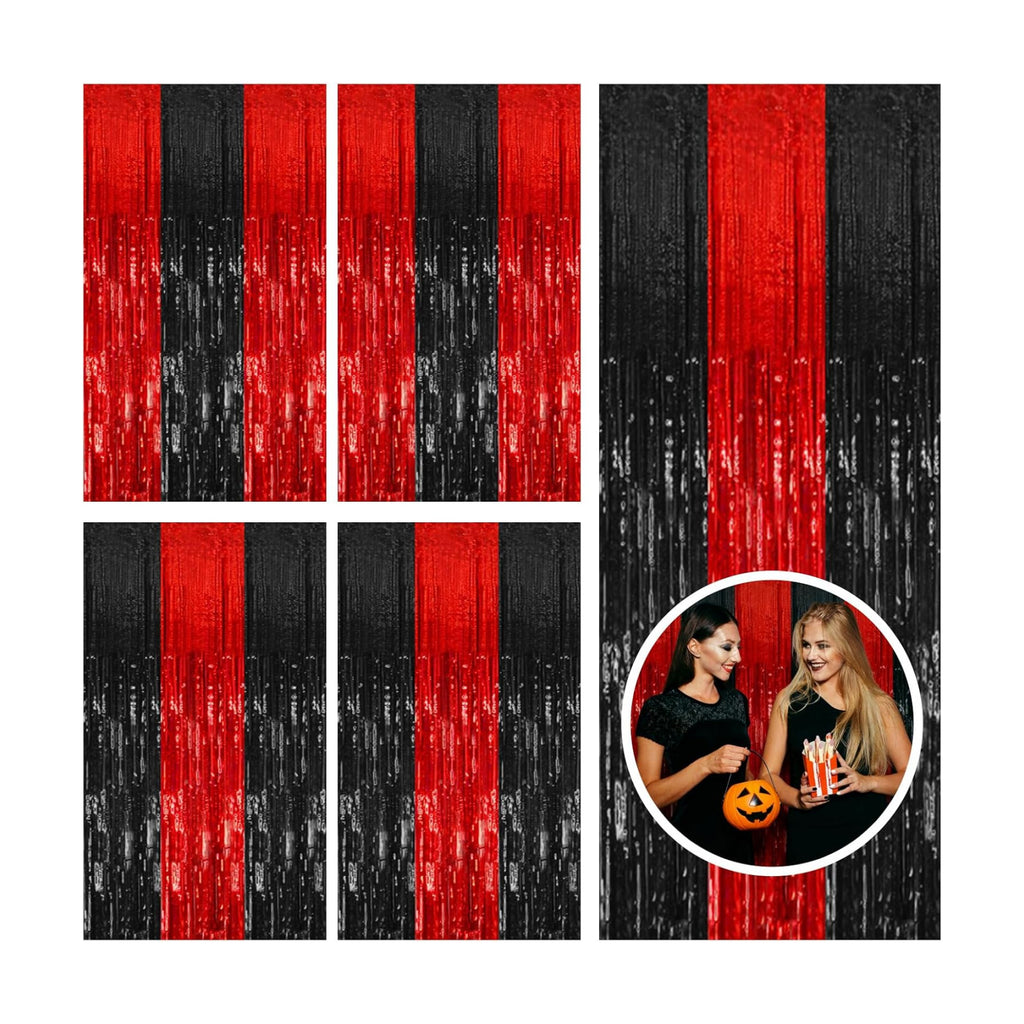 5 Pack Black and Red Backdrop Party Decorations Tinsel Curtain Halloween Party Streamer Foil Fringe Birthday Decorations Photo Booth Fancy Ball Christmas New Year Graduation Party Decor Decor
