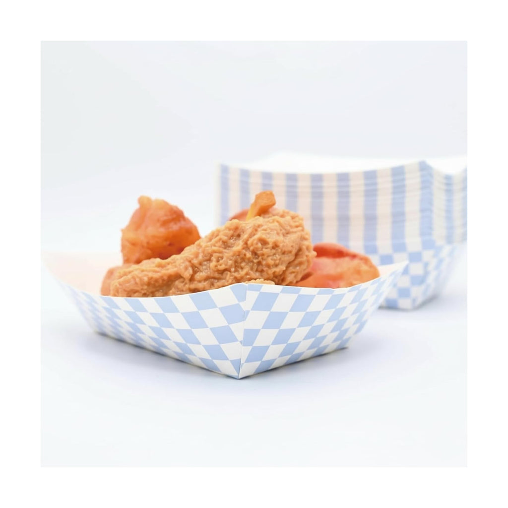 30 Pcs No Folding Required 2lb Gingham Party Supplies Disposable Paper Food Trays for Shower Wedding Tea Party Supplies Nacho Snack (Light Blue)