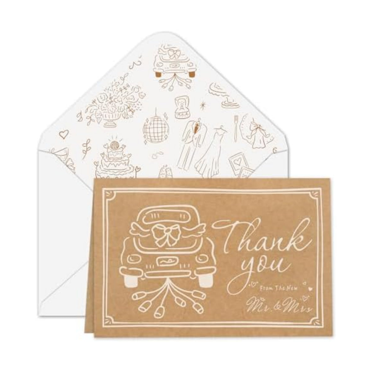 Whaline 24 Pack Wedding Kraft Thank You Cards The New Mr & Mrs Car Cake Thank You Blank Note Card Greeting Cards with Envelope Sticker for Bridal Shower