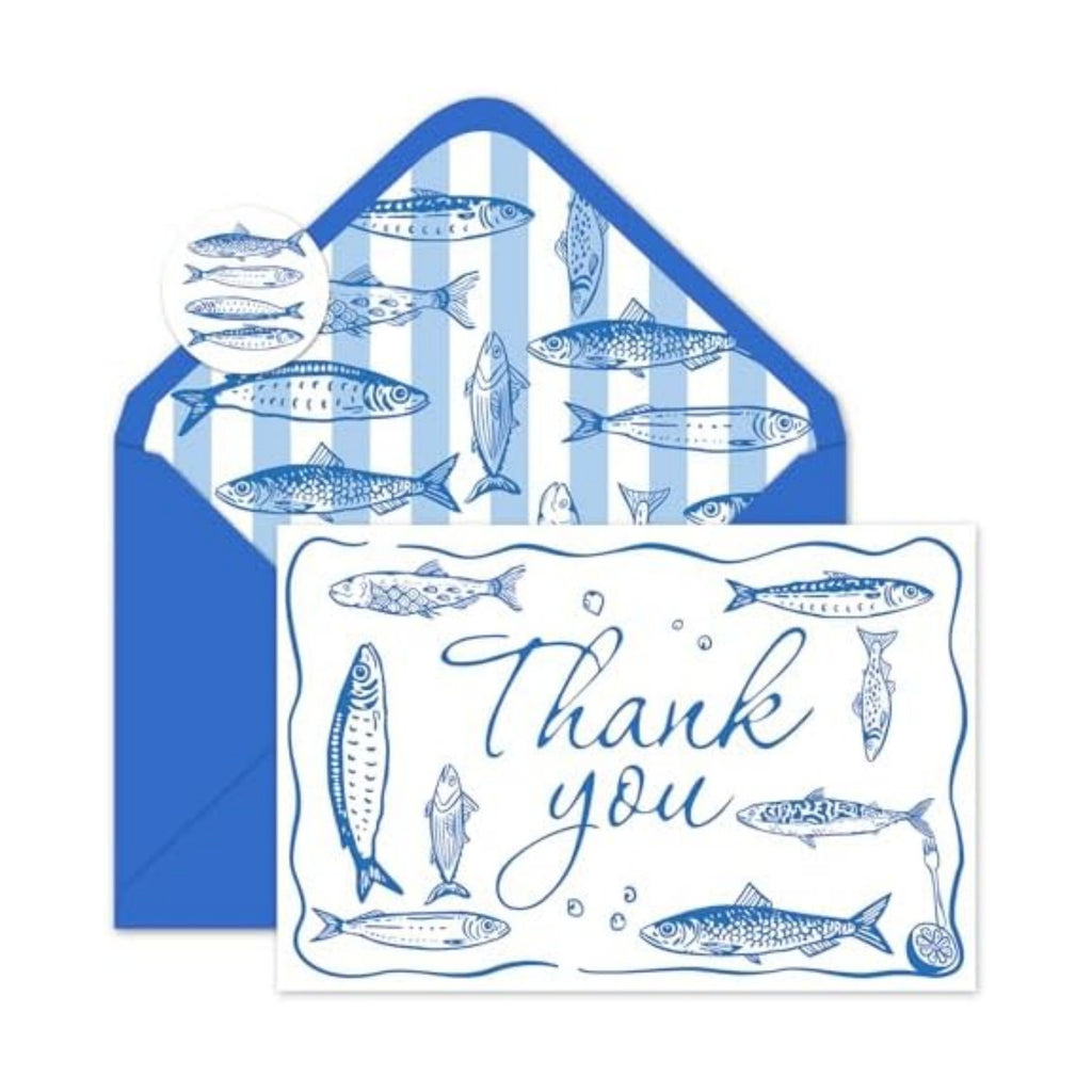 Whaline 24 Pack Sardine Thank You Cards Blue Fish Market Greeting Card with Envelope Sticker Blank Note Card for Summer Coastal Theme Birthday Baby Shower Dinner Party