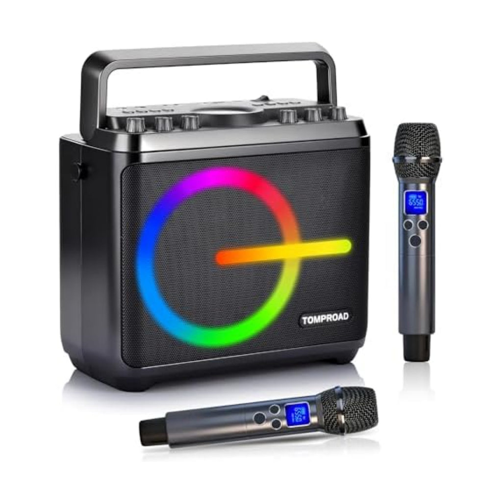 Karaoke Machine, Bluetooth Speaker with 2 Wireless Microphones, Portable Voice Amplifier PA System for Adults Kids with LED Lights Support Bass/Treble Adjustment, TF Card/USB, REC for Home Party