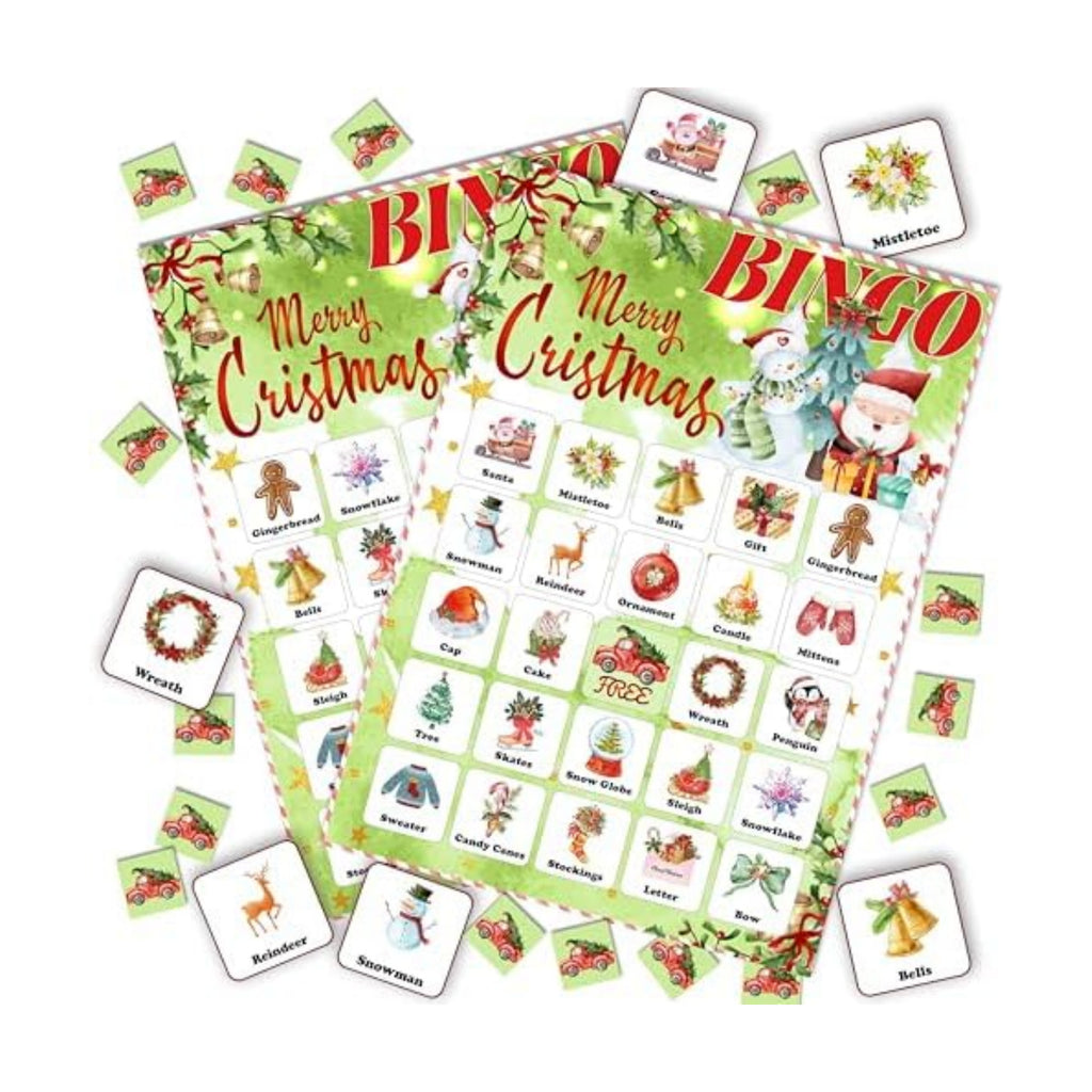 24-Person Christmas Bingo Cards, Watercolor Snowman Xmas Party Card Game, Green Santa Claus Bingo Game for Family Large Group Activities, Winter Holiday Party Supplies