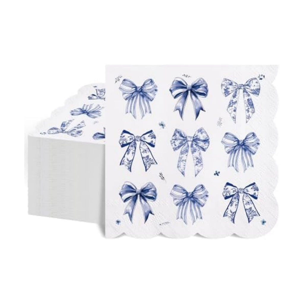 NatNarr 100 Pk Blue Bow Cocktail Napkins, 5" Scalloped Decoupage Napkins