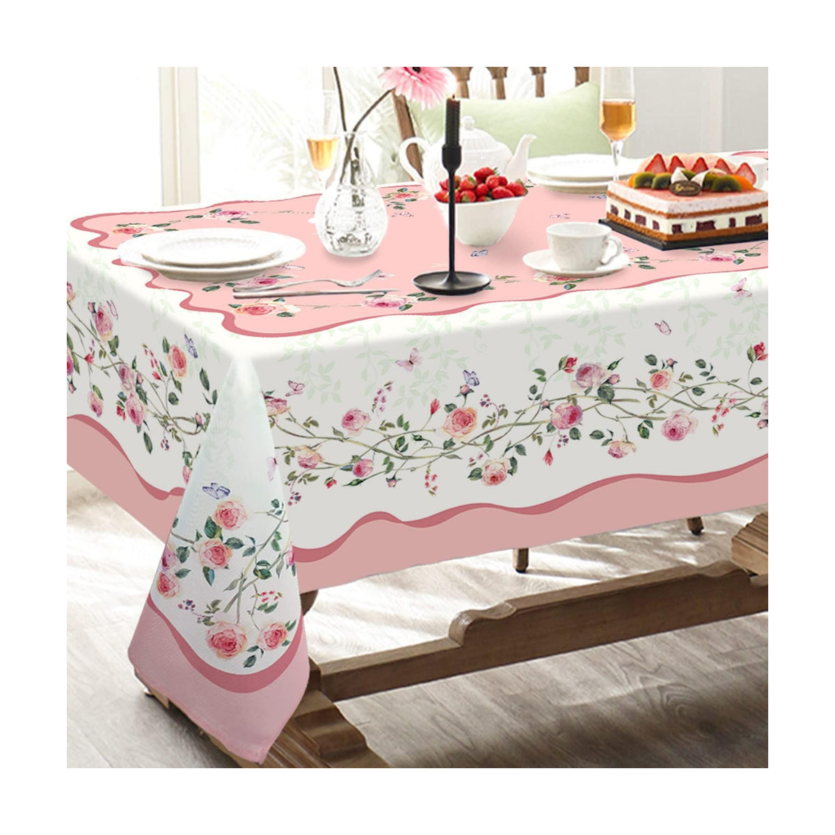 Pink Floral Tablecloth Decoration Tablecloths, Pink Rose Rosette Butterfly Table Covers, Waterproof Table Cover for Dinner Kitchen Party Holiday Decor 60"x 84" Oblong/Rectangle