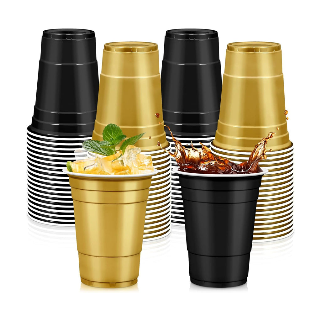 LANLISA 100Pcs Black and Gold Plastic Cups, 16 oz Disposable Cups For Birthday Party, Graduation Decorations, New Years Eve
