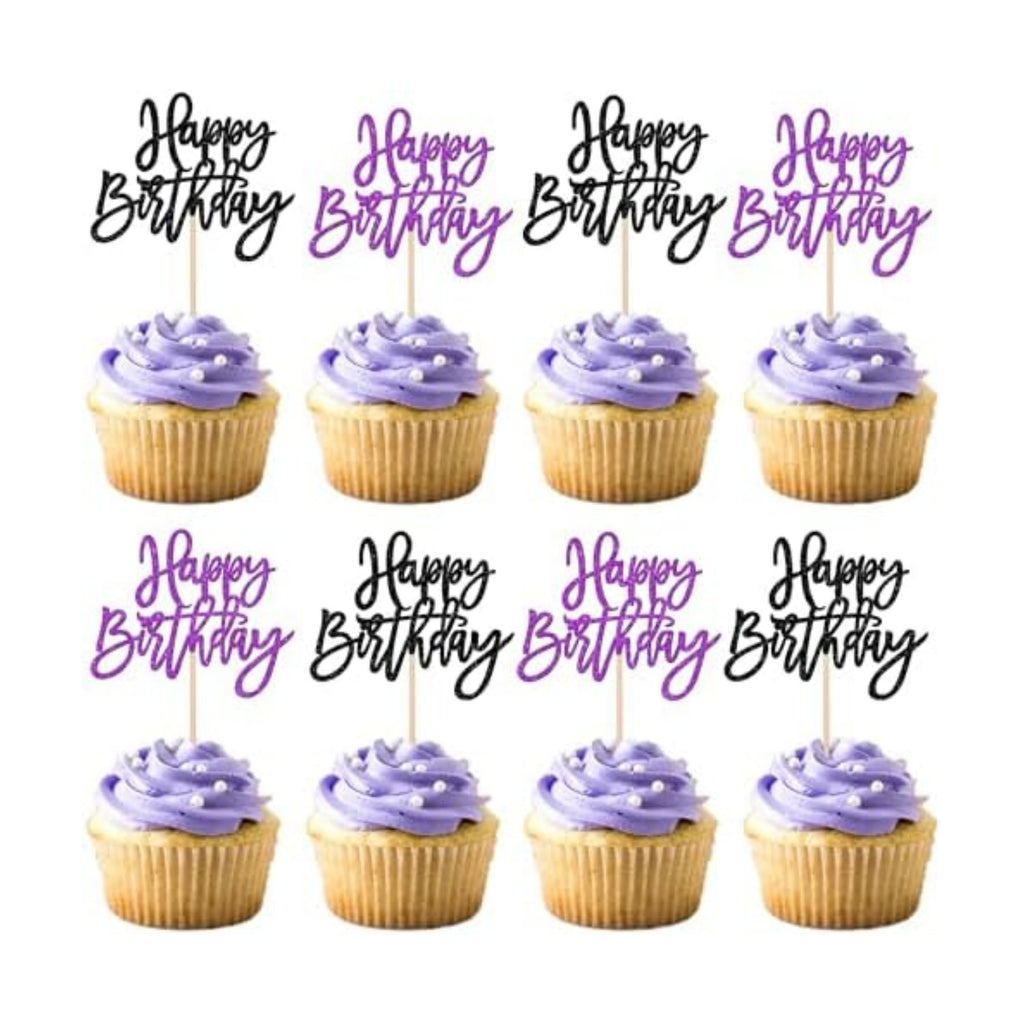24 PCS Happy Birthday Cupcake Toppers Glitter Happy Birthday Cupcake Picks for Celebrating Anniversary Theme Party Cake Decorations Supplies Black Purple