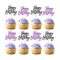 24 PCS Happy Birthday Cupcake Toppers Glitter Happy Birthday Cupcake Picks for Celebrating Anniversary Theme Party Cake Decorations Supplies Black Purple