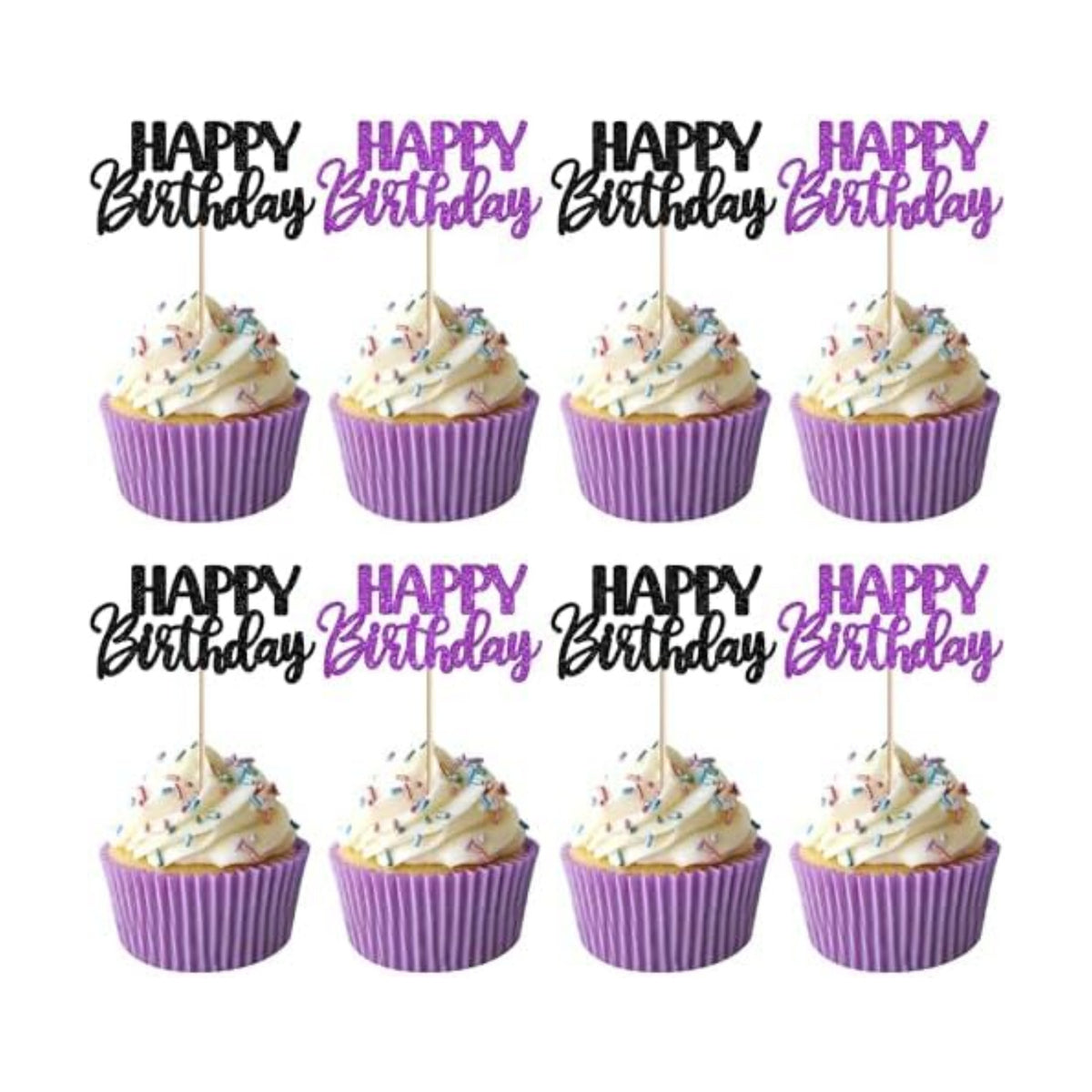 30 PCS Happy Birthday Cupcake Toppers Glitter Happy Birthday Cupcake Picks for Celebrating Anniversary Theme Christmas Party Cake Decorations Supplies Black Purple