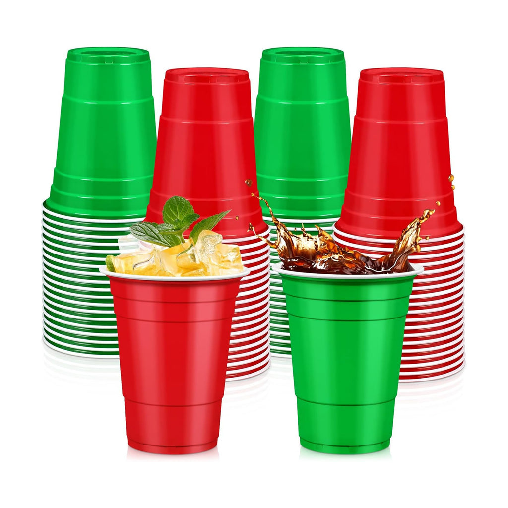 LANLISA 100Pcs Red and Green Plastic Cups, 16 oz Disposable Cups For Christmas Birthday Party Decorations