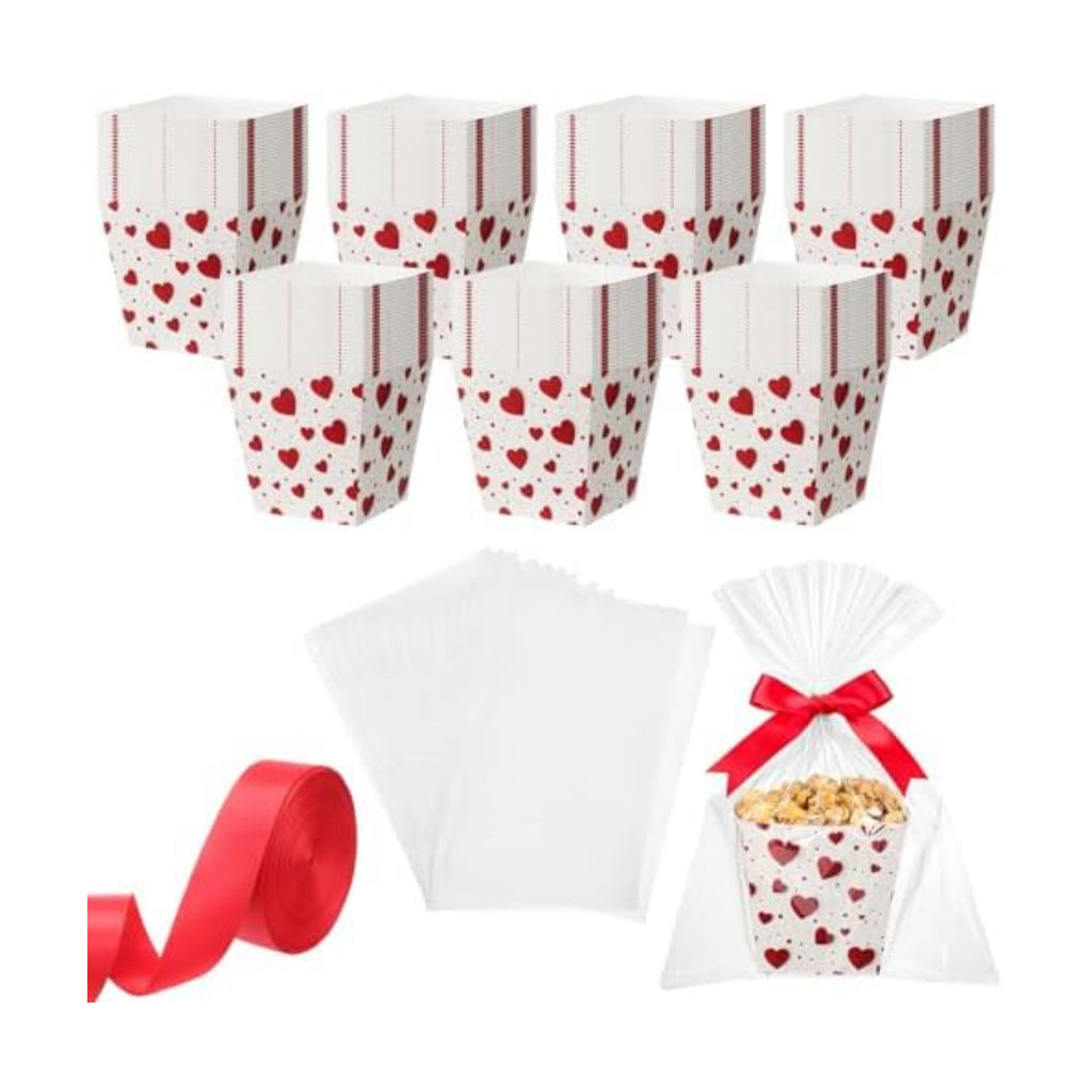 Pajean 24 Sets Valentine's Day Popcorn Boxes with Cellophane Bags & Ribbon