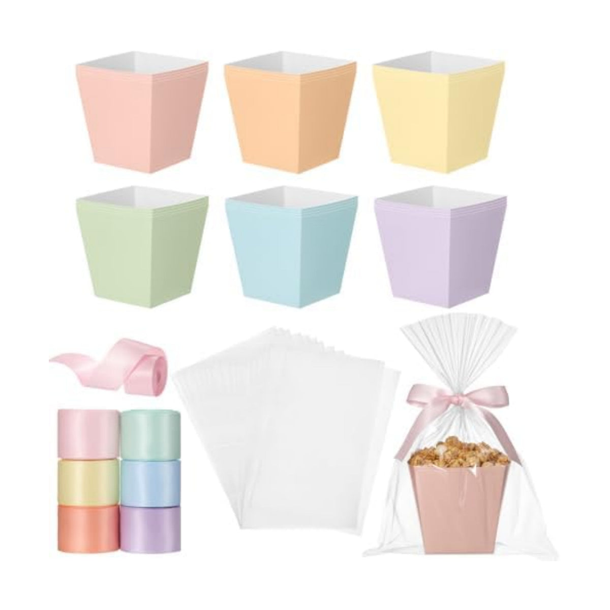 Pajean 24 Sets Pastel Party Favor Treat Boxes with Cellophane Bags & Ribbon