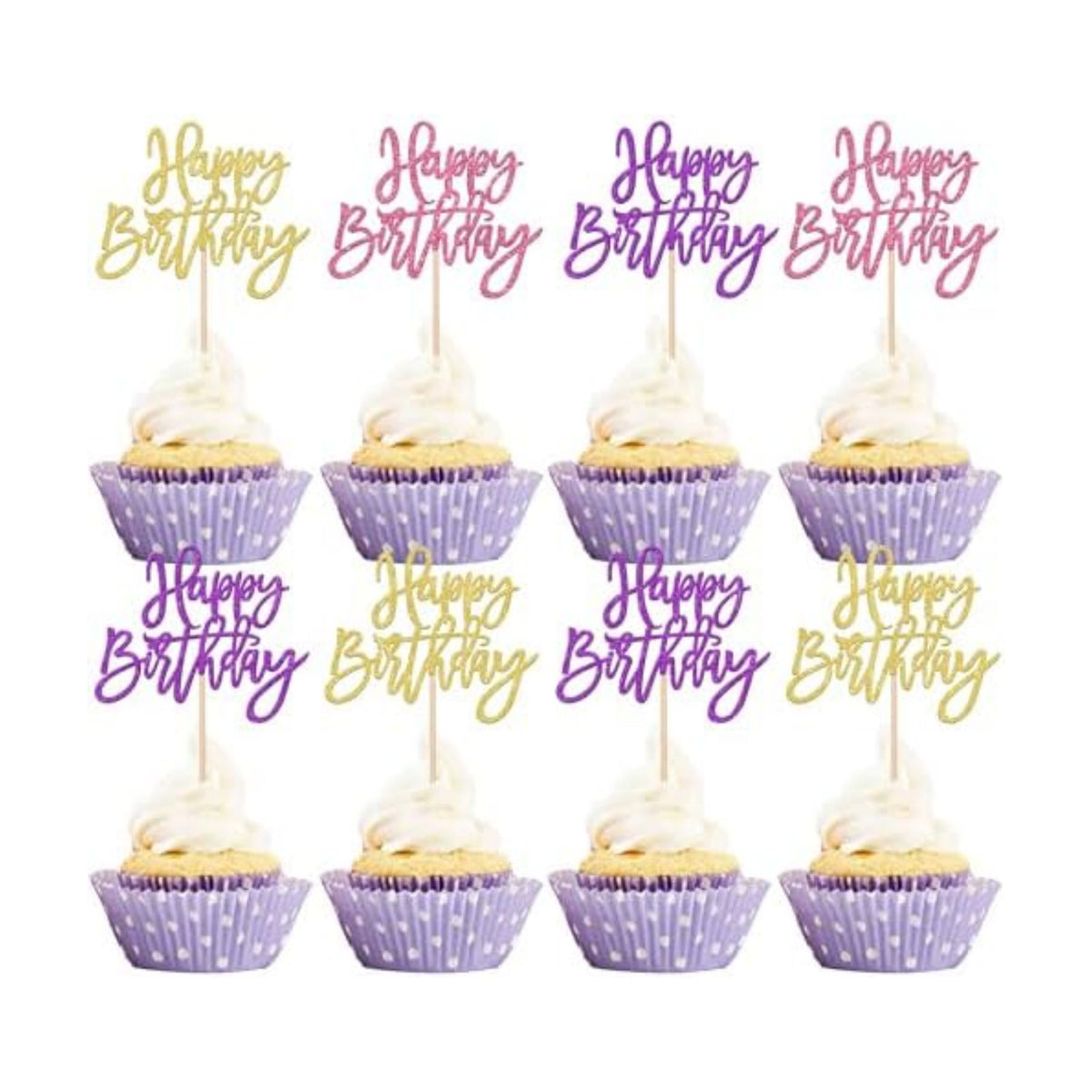 24 PCS Happy Birthday Cupcake Toppers Glitter Happy Birthday Cupcake Picks for Celebrating Anniversary Theme Party Cake Decorations Supplies Gold Purple Pink