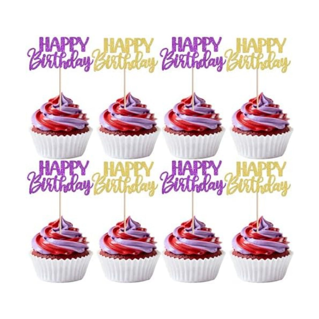 30 PCS Happy Birthday Cupcake Toppers Glitter Happy Birthday Cupcake Picks for Celebrating Anniversary Theme Christmas Party Cake Decorations Supplies Gold Purple