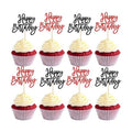 24 PCS Happy Birthday Cupcake Toppers Glitter Happy Birthday Cupcake Picks for Celebrating Anniversary Theme Party Cake Decorations Supplies Black Red