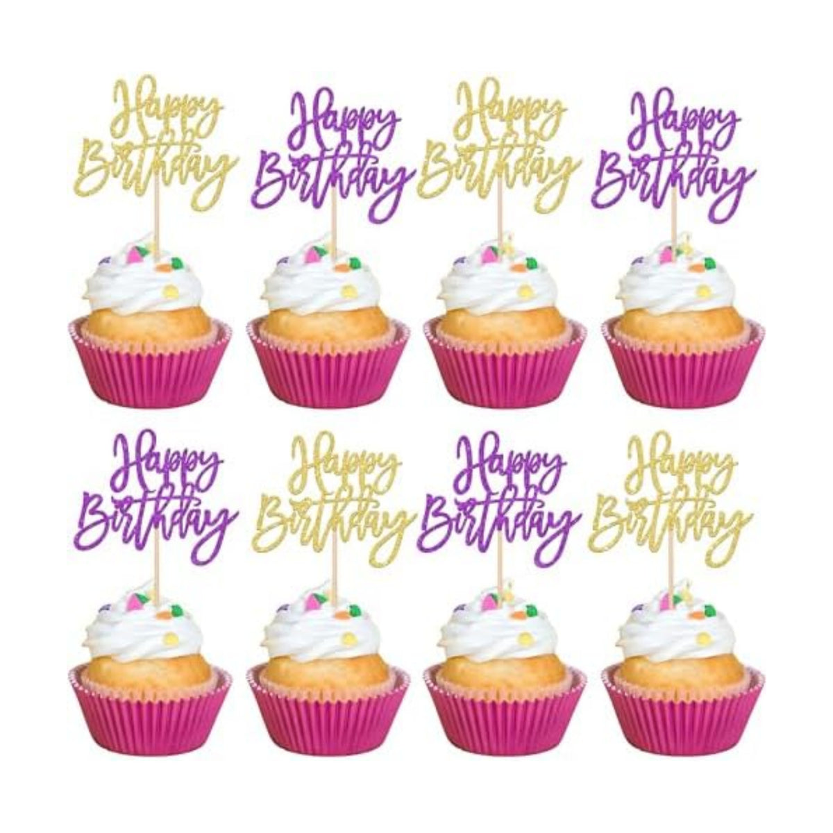 24 PCS Happy Birthday Cupcake Toppers Glitter Happy Birthday Cupcake Picks for Celebrating Anniversary Theme Party Cake Decorations Supplies Gold Purple