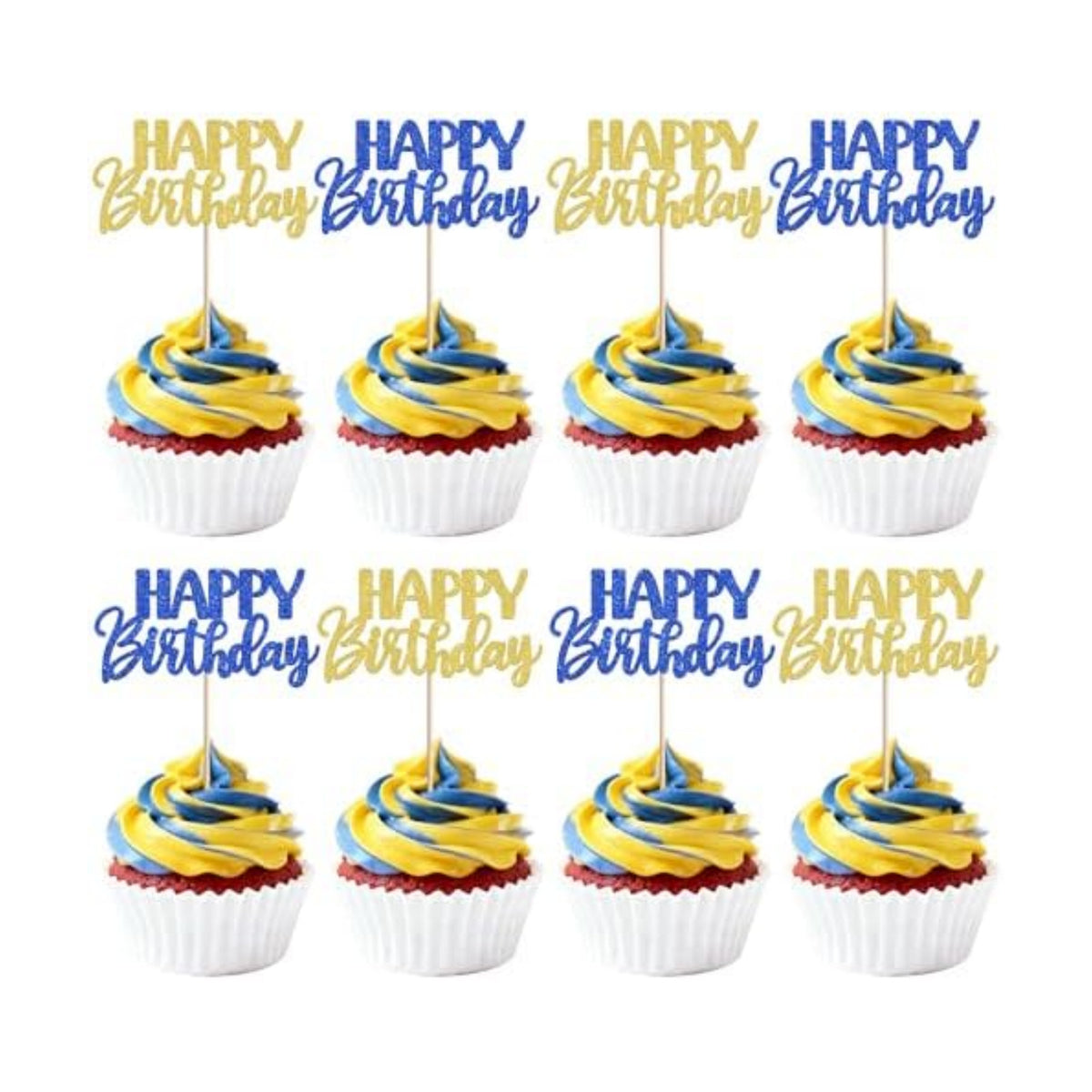 30 PCS Happy Birthday Cupcake Toppers Glitter Happy Birthday Cupcake Picks for Celebrating Anniversary Theme Christmas Party Cake Decorations Supplies Gold Blue
