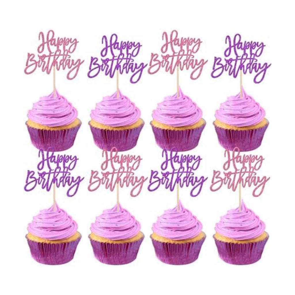 24 PCS Happy Birthday Cupcake Toppers Glitter Happy Birthday Cupcake Picks for Celebrating Anniversary Theme Party Cake Decorations Supplies Pink Purple