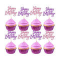 24 PCS Happy Birthday Cupcake Toppers Glitter Happy Birthday Cupcake Picks for Celebrating Anniversary Theme Party Cake Decorations Supplies Pink Purple