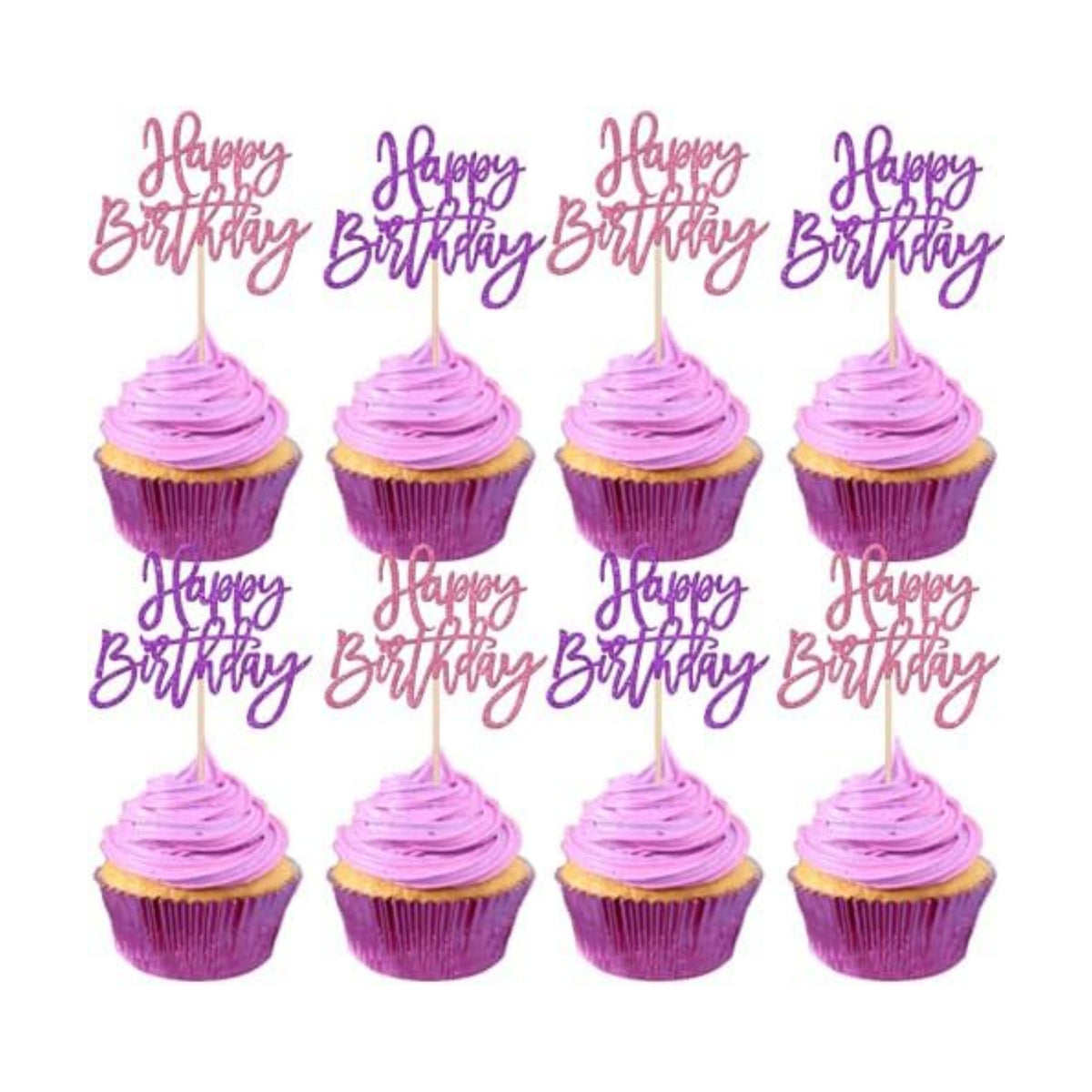 24 PCS Happy Birthday Cupcake Toppers Glitter Happy Birthday Cupcake Picks for Celebrating Anniversary Theme Party Cake Decorations Supplies Pink Purple