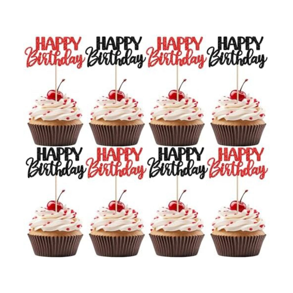 30 PCS Happy Birthday Cupcake Toppers Glitter Happy Birthday Cupcake Picks for Celebrating Anniversary Theme Christmas Party Cake Decorations Supplies Red Black