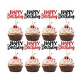 30 PCS Happy Birthday Cupcake Toppers Glitter Happy Birthday Cupcake Picks for Celebrating Anniversary Theme Christmas Party Cake Decorations Supplies Red Black