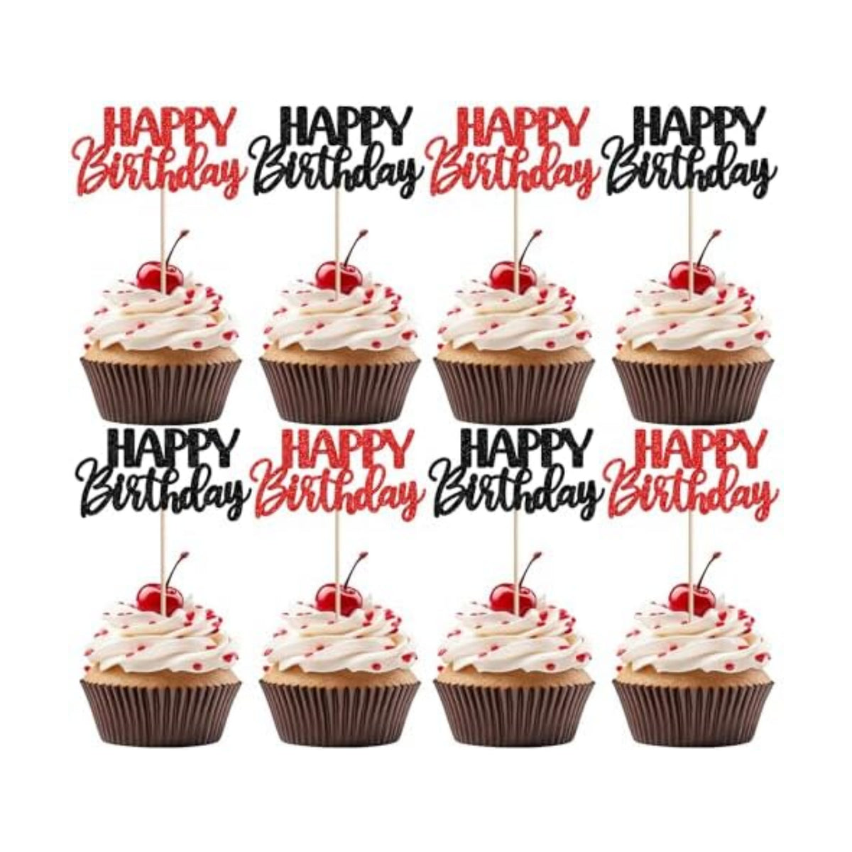 30 PCS Happy Birthday Cupcake Toppers Glitter Happy Birthday Cupcake Picks for Celebrating Anniversary Theme Christmas Party Cake Decorations Supplies Red Black