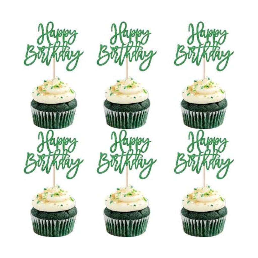 24 PCS Happy Birthday Cupcake Toppers Glitter Happy Birthday Cupcake Picks for Celebrating Anniversary Theme Party Cake Decorations Supplies Green