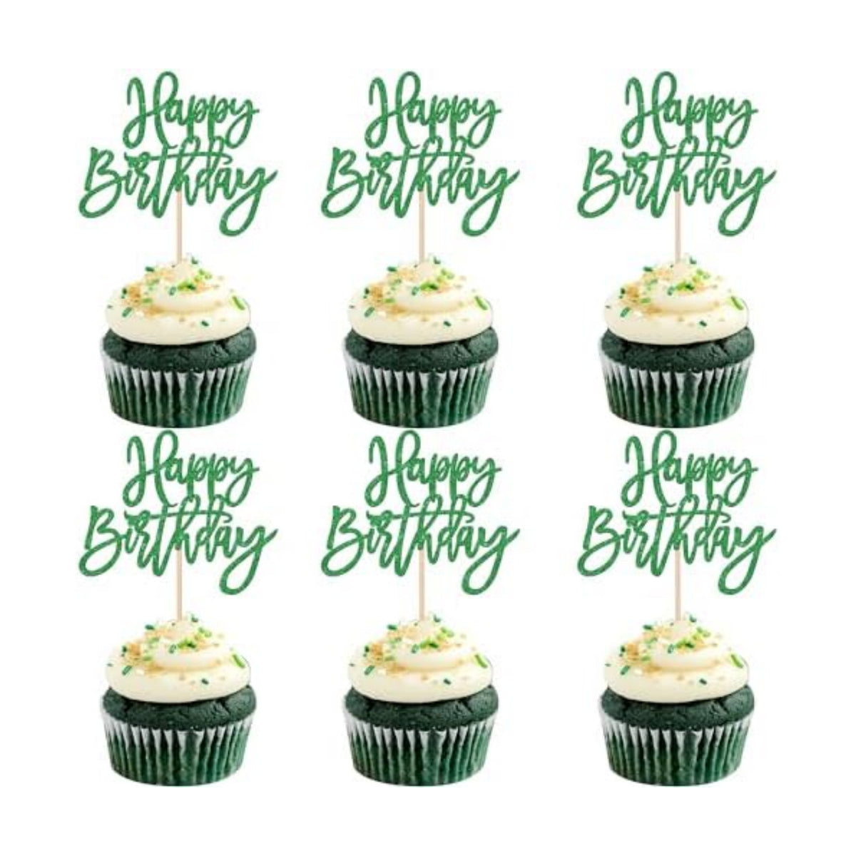 24 PCS Happy Birthday Cupcake Toppers Glitter Happy Birthday Cupcake Picks for Celebrating Anniversary Theme Party Cake Decorations Supplies Green