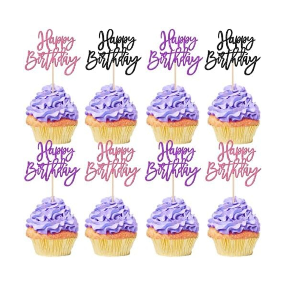 24 PCS Happy Birthday Cupcake Toppers Glitter Happy Birthday Cupcake Picks for Celebrating Anniversary Theme Party Cake Decorations Supplies Black Purple Pink