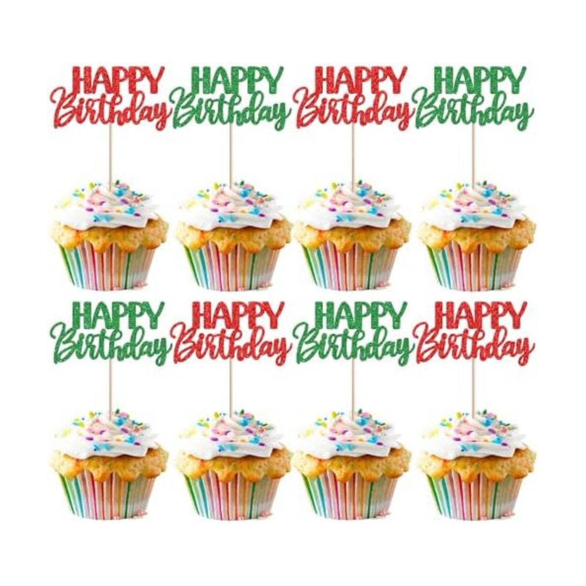 30 PCS Happy Birthday Cupcake Toppers Glitter Happy Birthday Cupcake Picks for Celebrating Anniversary Theme Christmas Party Cake Decorations Supplies Red Green