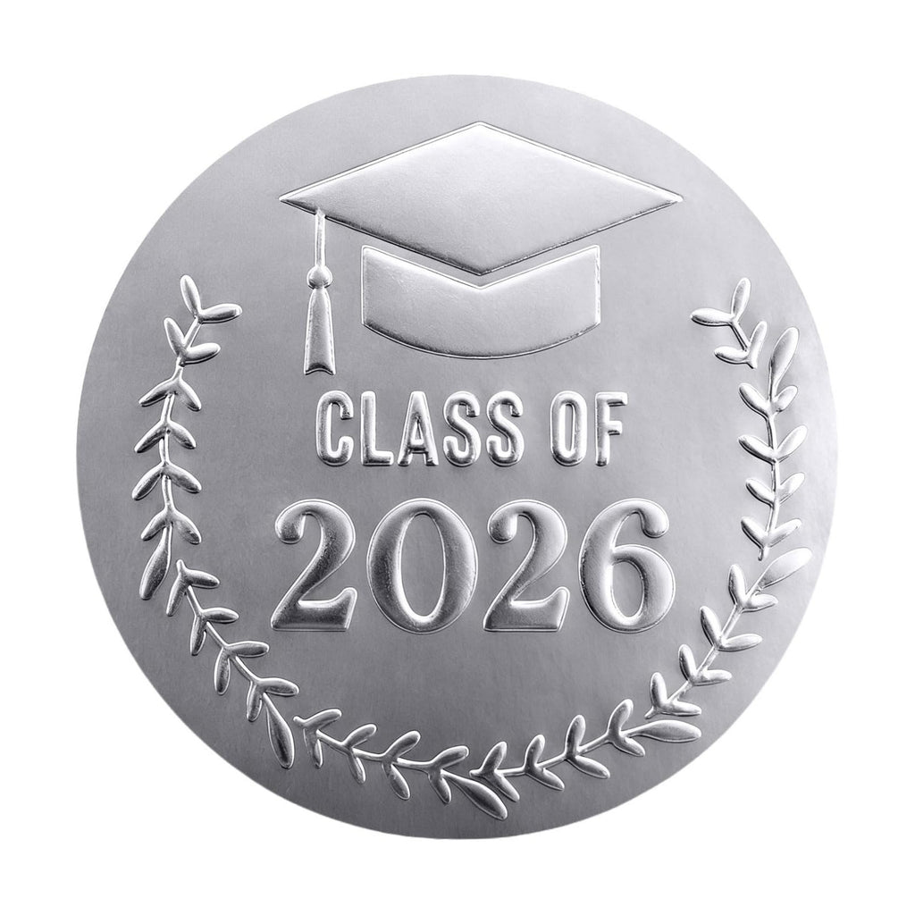 100 PCS Class of 2026 Graduation Stickers, Matte Silver Embossed Graduation Cap Labels for Candy Bags, Dessert Table Treat Bags, Invitations, Envelopes, Favor Bags & Gift Wrapping, 1.6 Inch