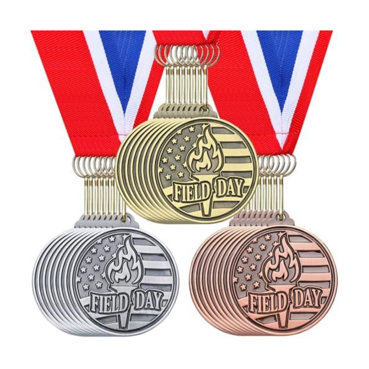 30 Pcs Award Medals 2" Gold Silver Bronze with Ribbon, Field Day