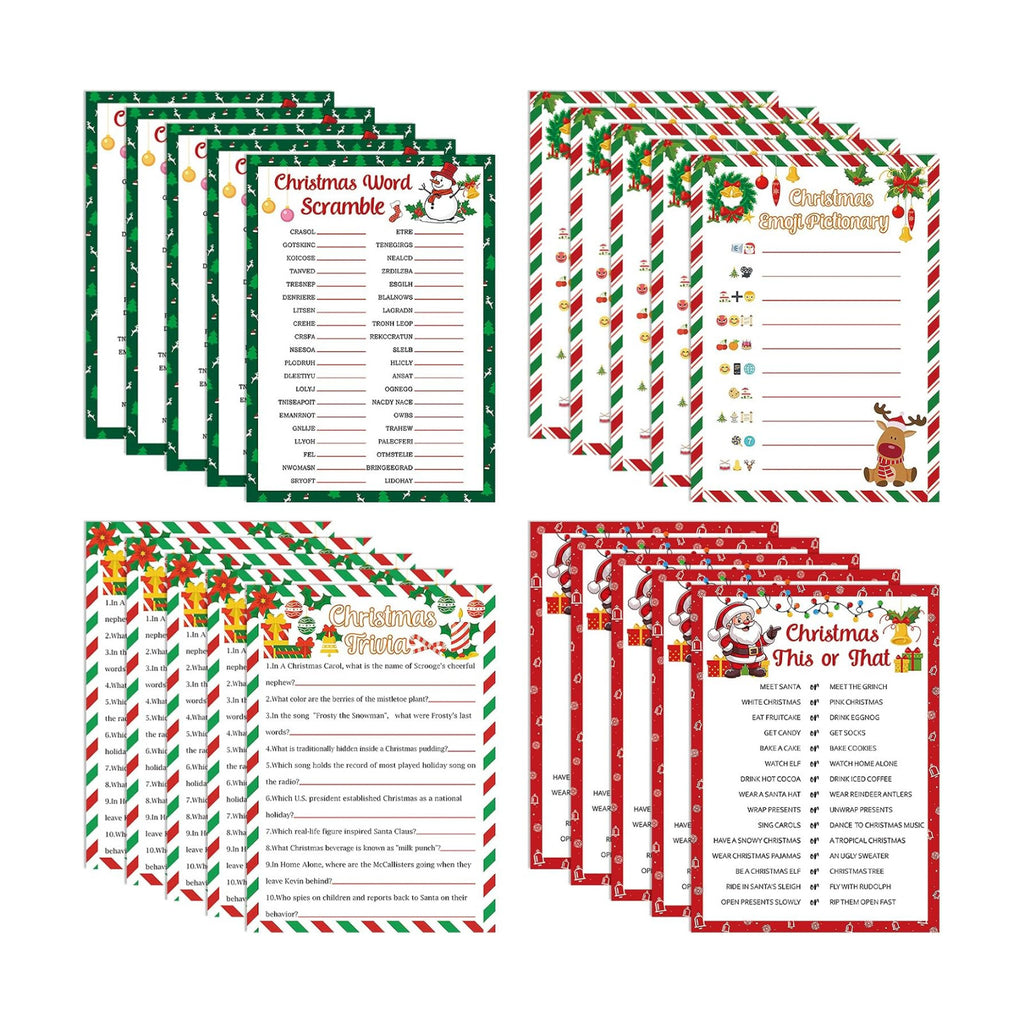 54 Pcs Christmas Party Games Card Set Merry Christmas Trivia Party Game Xmas Holiday Word Scramble Pictionary This or That Paper Cards for Family Adults Large Group Activities Supplies with Answer Key