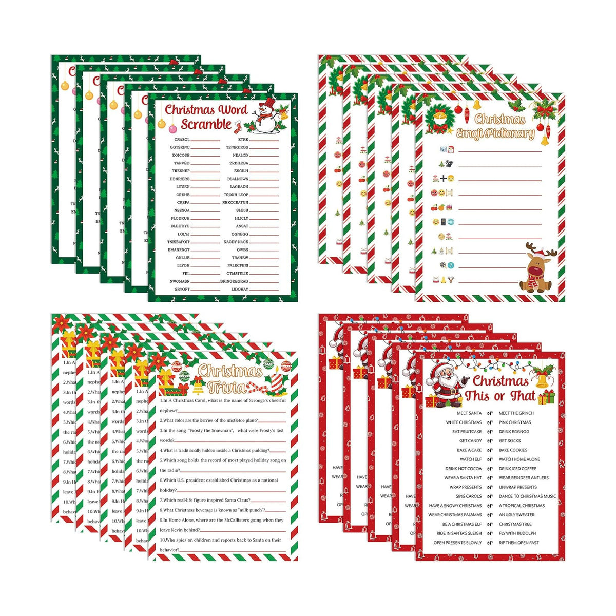 54 Pcs Christmas Party Games Card Set Merry Christmas Trivia Party Game Xmas Holiday Word Scramble Pictionary This or That Paper Cards for Family Adults Large Group Activities Supplies with Answer Key