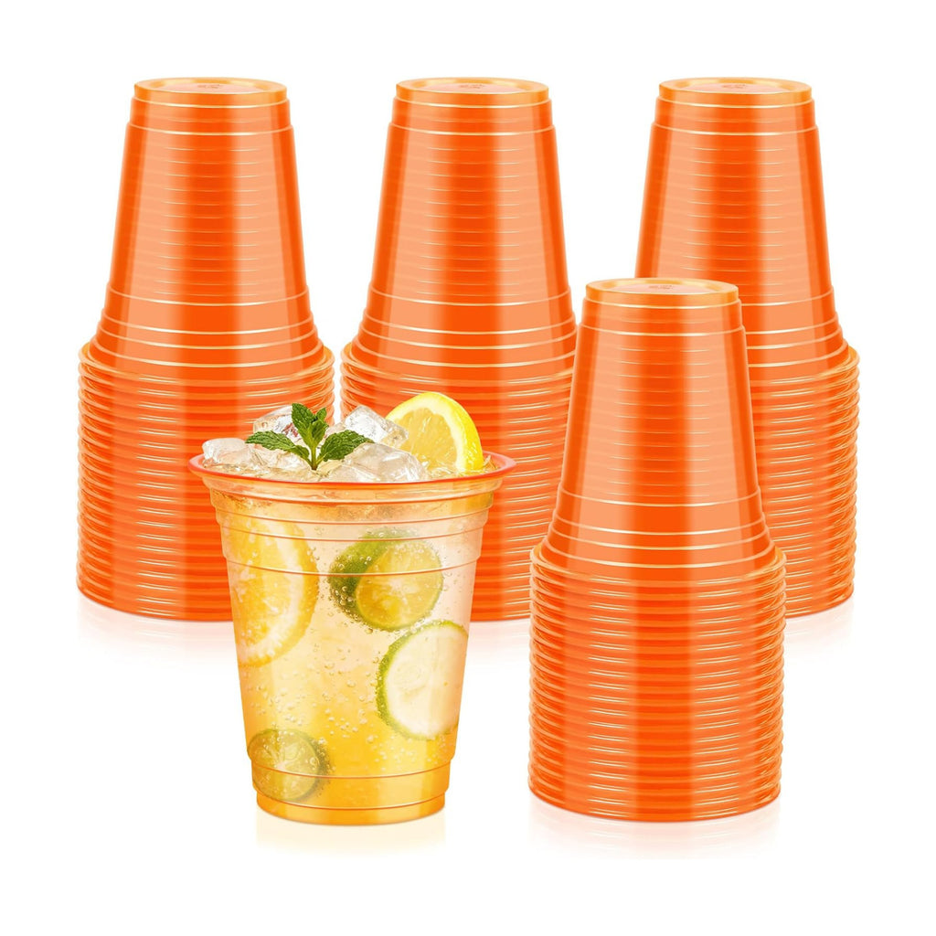 50 Pcs Clear Orange Plastic Cups, 12 oz Disposable Cups for Party