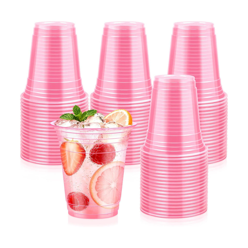 50 Pcs Clear Pink Plastic Cups, 12 oz Disposable Cups for Party