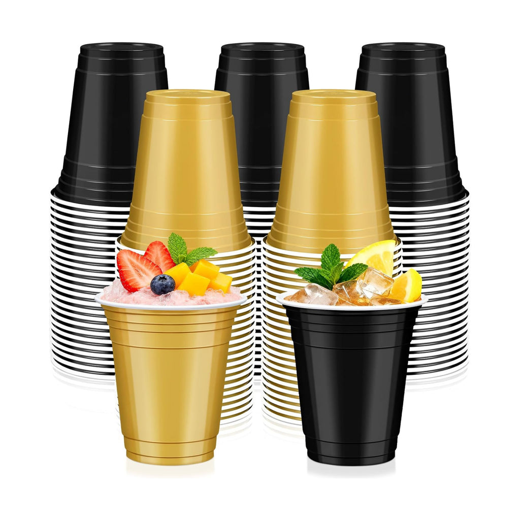 100 Pcs Gold and Black Plastic Cups, 12 oz Disposable Cups
