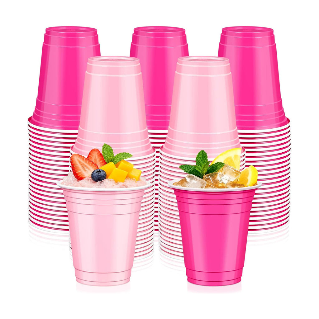100 Pcs Pink and Hot Pink Plastic Cups, 12 oz Disposable Cups