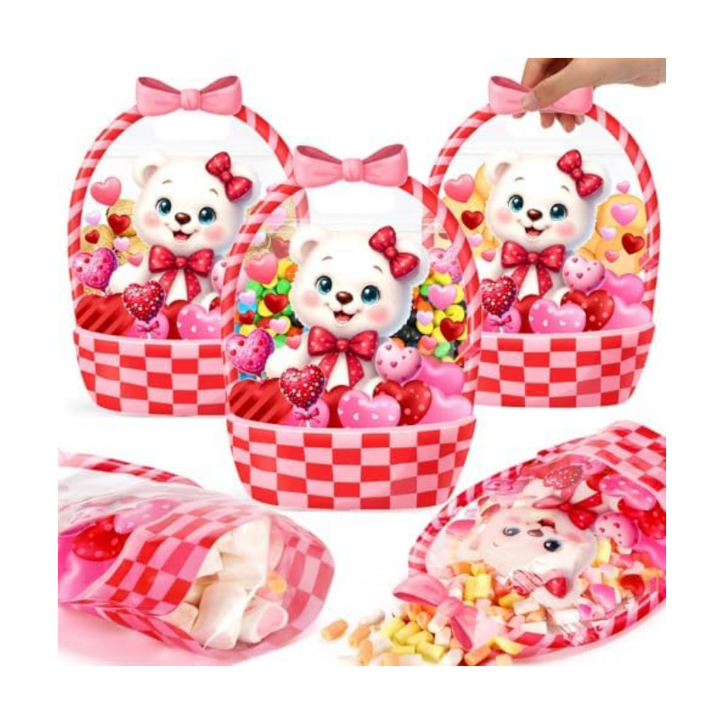 Fuutreo 50 Pcs Valentine Goodie Bags Valentine Bear Treat Bags with Handles Resealable Plastic Red Love Gift Pouches for Holiday Candy Wrapping, Party Goodie Supplies Romantic Gift Decor (Bear)